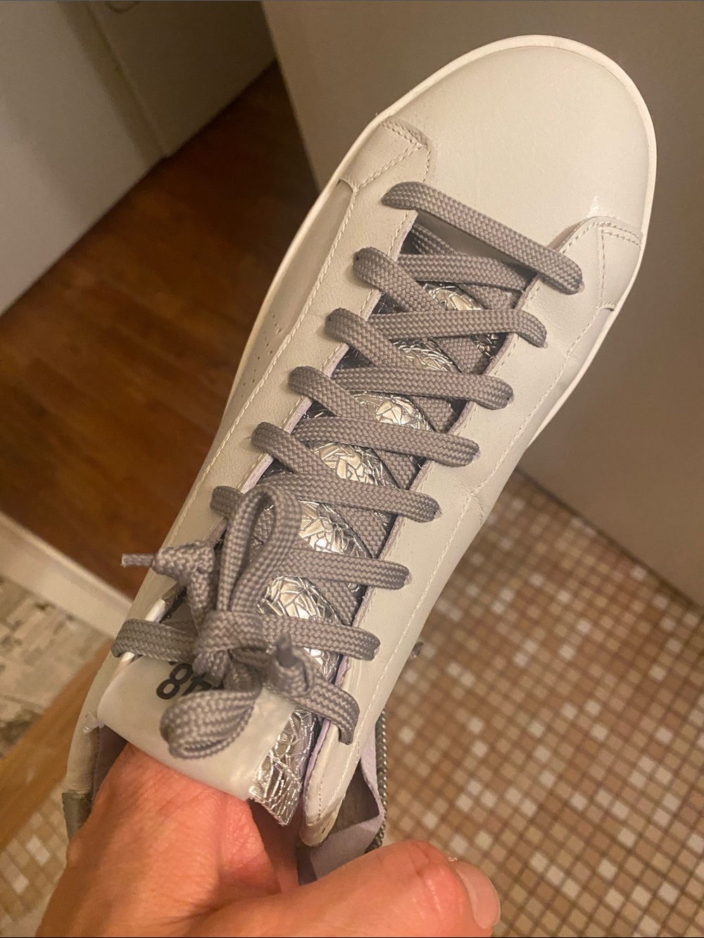P448 Women’s White Leather Sneakers with Gray Laces